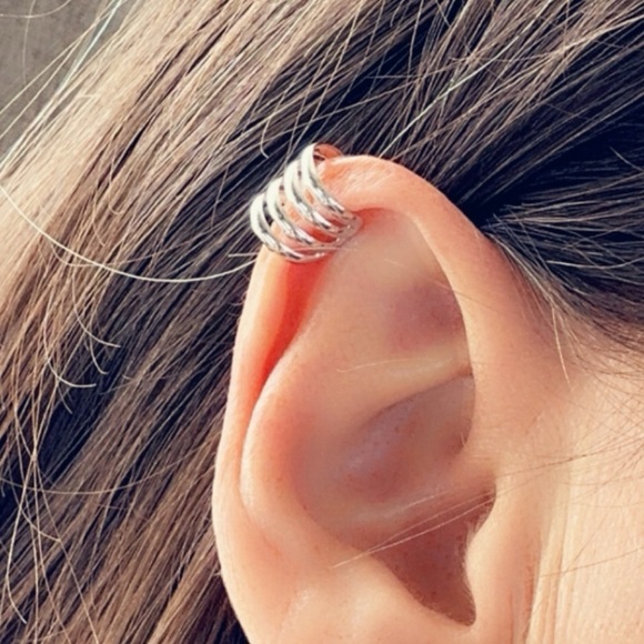 Rhodium Plated Four-Band Ear Cuff – Modern Wide Cuff Look, No Piercing Needed - Picture 6 of 12